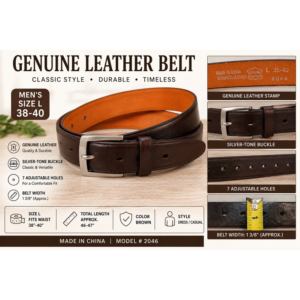 Barbados Leather Mens Brown Genuine Leather Belt Silver Buckle 38-40 Model 2046